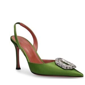 Amina Muaddi Camelia satin slingback 90mm pump in light green Size 39.5/9.5